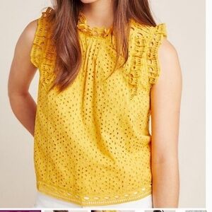 Anthropologie Maeve Tilly Mustard Yellow Gold Eyelet
Ruffle Tank Size 8